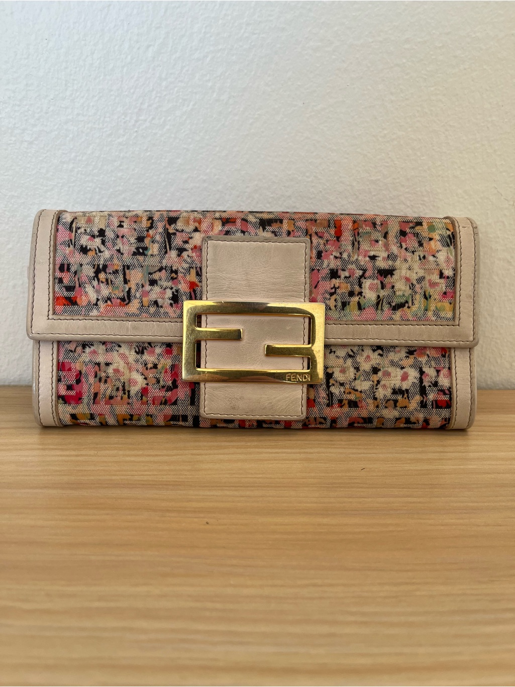 Fendi Zucchino Flower Clutch With Beige Leather Trim And Gold Hardware